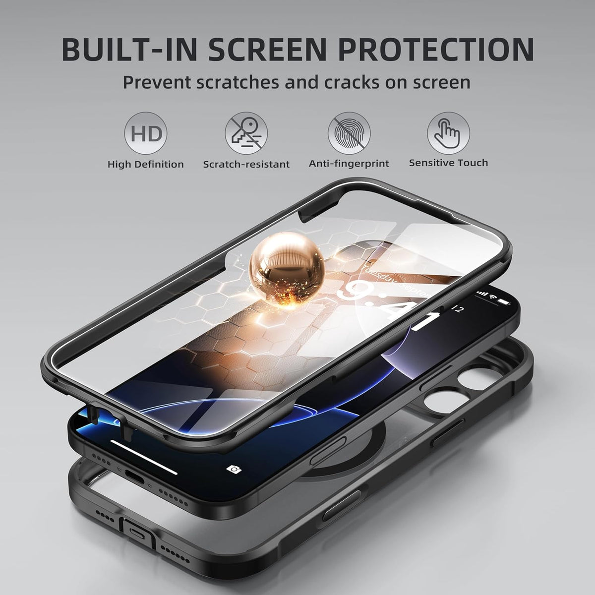 BERFY Magnetic for iPhone 16 Pro Max Case, Compatible with MagSafe, [Built-in 9H Tempered Glass Screen Protector & Upgraded Camera Protection] Full Body Shockproof Phone case for 16 ProMax,Black