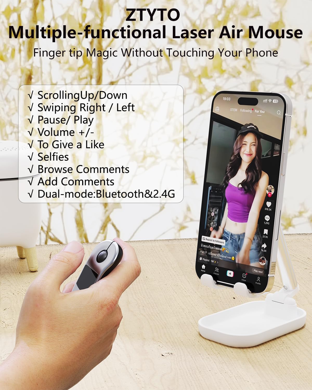 Air Mouse for PC/iOS/Android with Touchpad Rechargeable Wireless Presentation for PPT Pointer Bluetooth 2.4G Remote Control for PowerPoint/Keynote/Tiktok/Camera/Kindle App (Silver)
