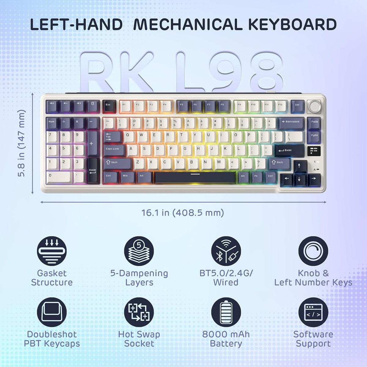 RK ROYAL KLUDGE L98 Wireless Mechanical Keyboard w/Left-Handed Southpaw Design Numpad & Hot Swappable Knob, Tri-Mode 95% Keyboard BT/2.4G/USB-C, Pro Software, Gasket Mount, Massive 8000mAh Battery