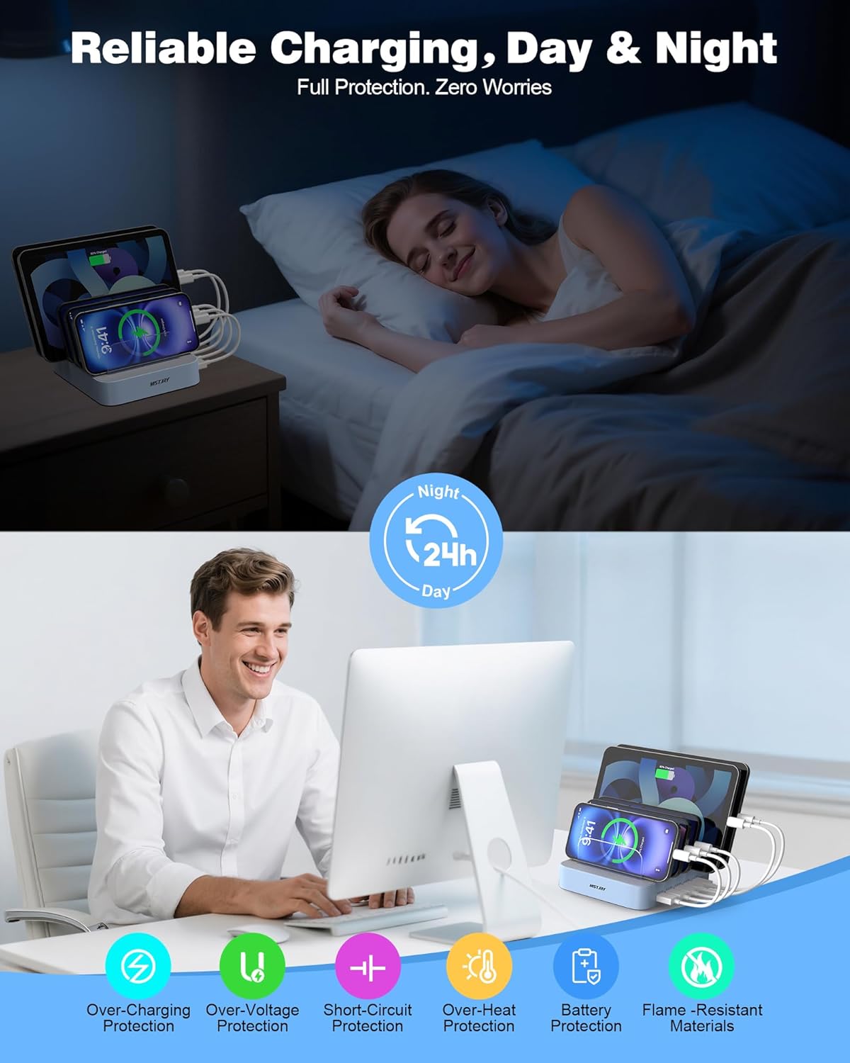 MSTJRY Charging Station for Multiple Devices : 5 Port Multi USB-A Charger Stations Multi-Device Organizer Charging Dock Designed for iPhone iPad Cell Phone Tablets (7 Short Cables Included), Blue