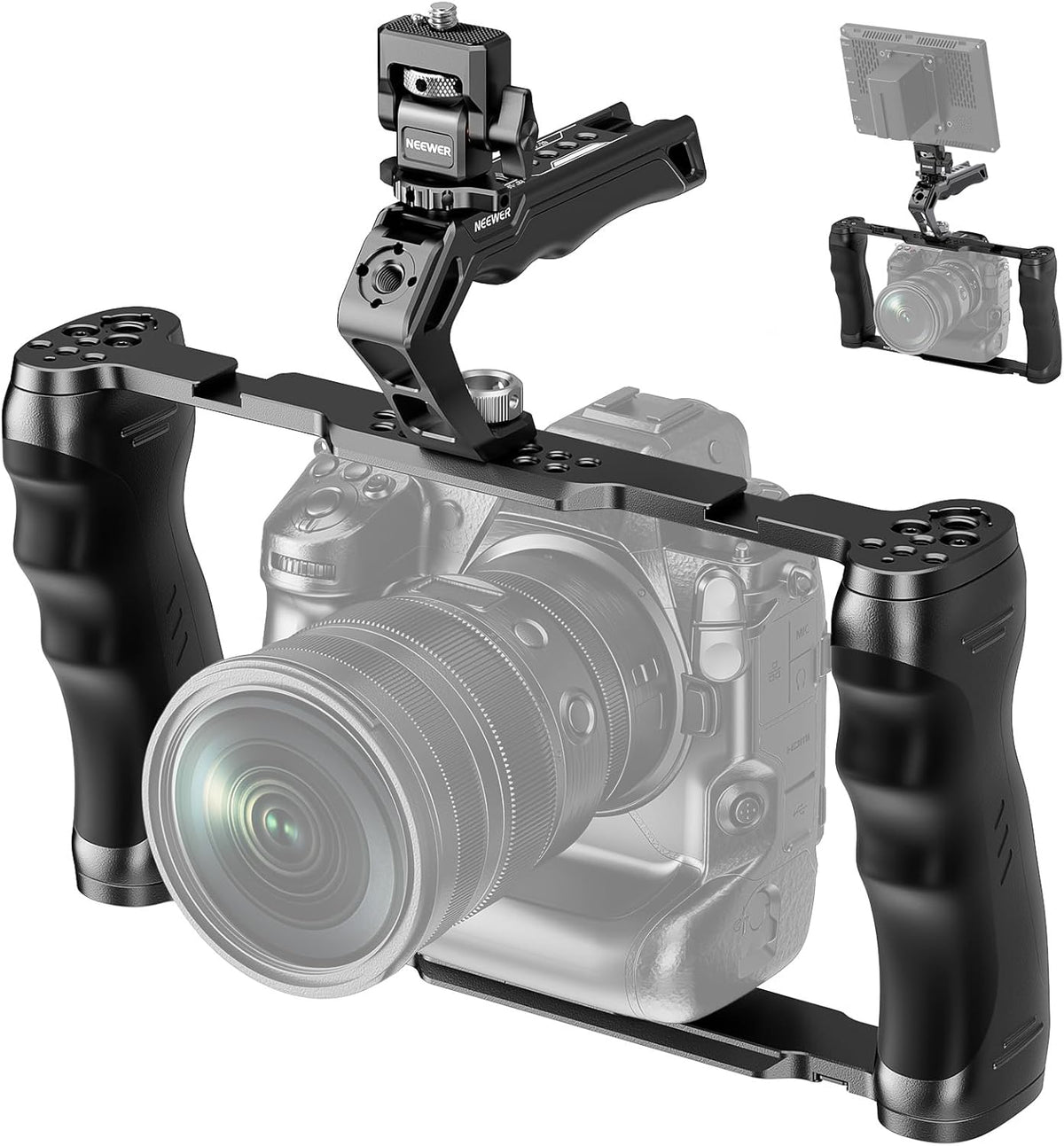 NEEWER Universal Camera Cage with Top Handle & Cold Shoe Monitor Mount, Arca Type Camera Gimbal Stabilizer Video Rig, Dual Handgrips & 3/8" for ARRI Compatible with SmallRig Accessories, CA016T+MA006