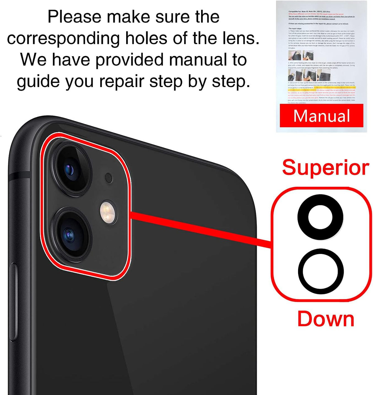 2PCS ASDAWN Back Camera Lens Glass Replacement for iPhone 11, Pre-Installed Adhesive, Installation Manual + Repair Tool