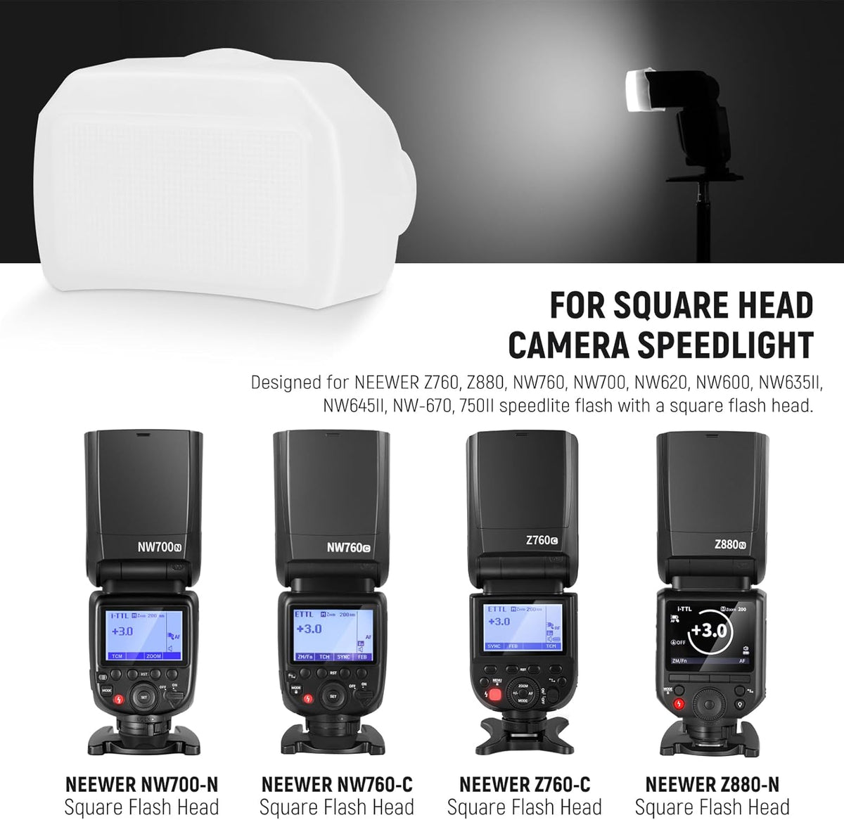 NEEWER Flash Diffuser for Square Head Speedlite Flash, Snap On PC White Light Modifier for Various Speedlights