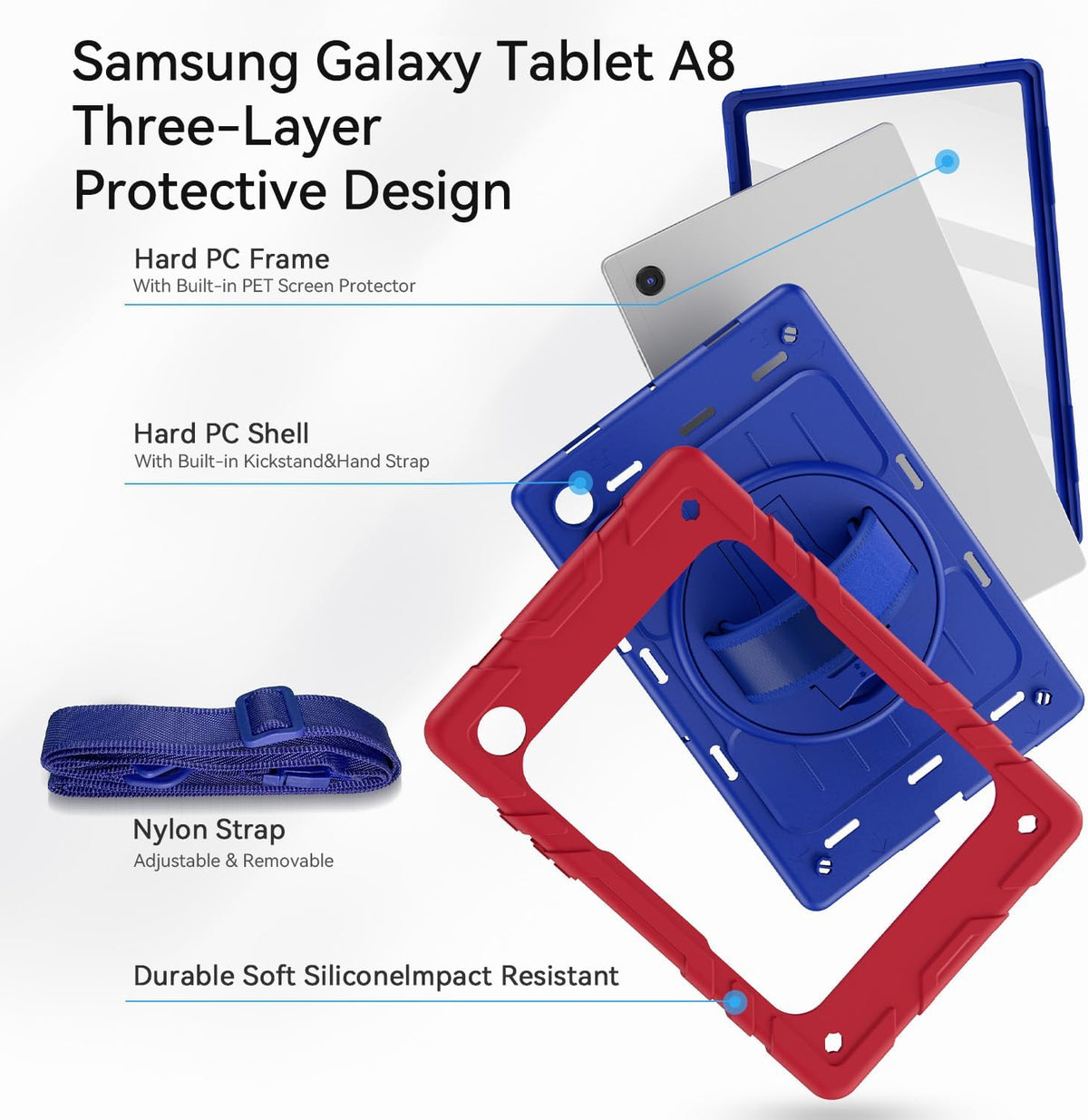 for Samsung Galaxy Tablet A8 Case 10.5 inch 2022 SM-X200/X205/X207 with Screen Protector [360 Rotating Stand] &Hand Shoulder Strap Shockproof Rugged Protective Cover|Red&Blue