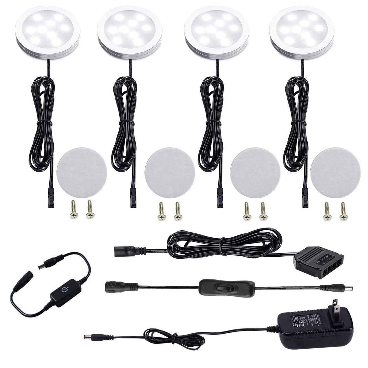 AIBOO Under Cabinet LED Puck Lights Kit with Touch Dimming Switch for Ambiance Atmosphere Night Lighting (4 Lights,Daylight White)