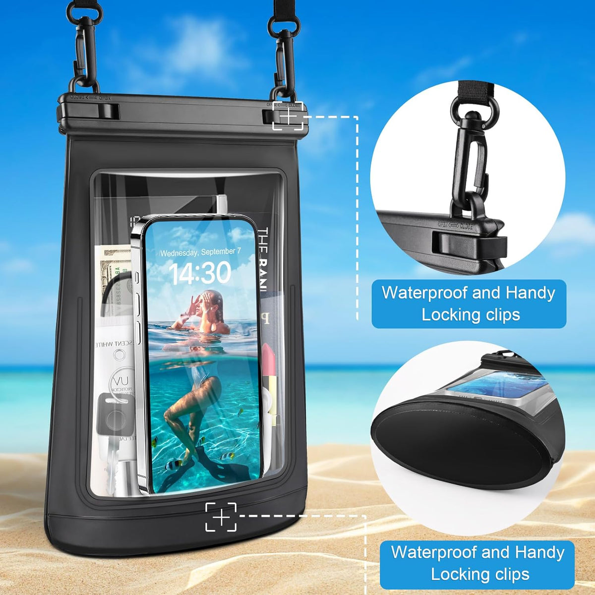 2L Waterproof Phone Pouch for iPhone 16 15 14 11 Pro Max & Galaxy S24 S21 - Floating Large Capacity Dry Bag Stores Sunscreen, Sunglasses - Oversized Waterproof Bag for Beach, Swimming, Kayaking