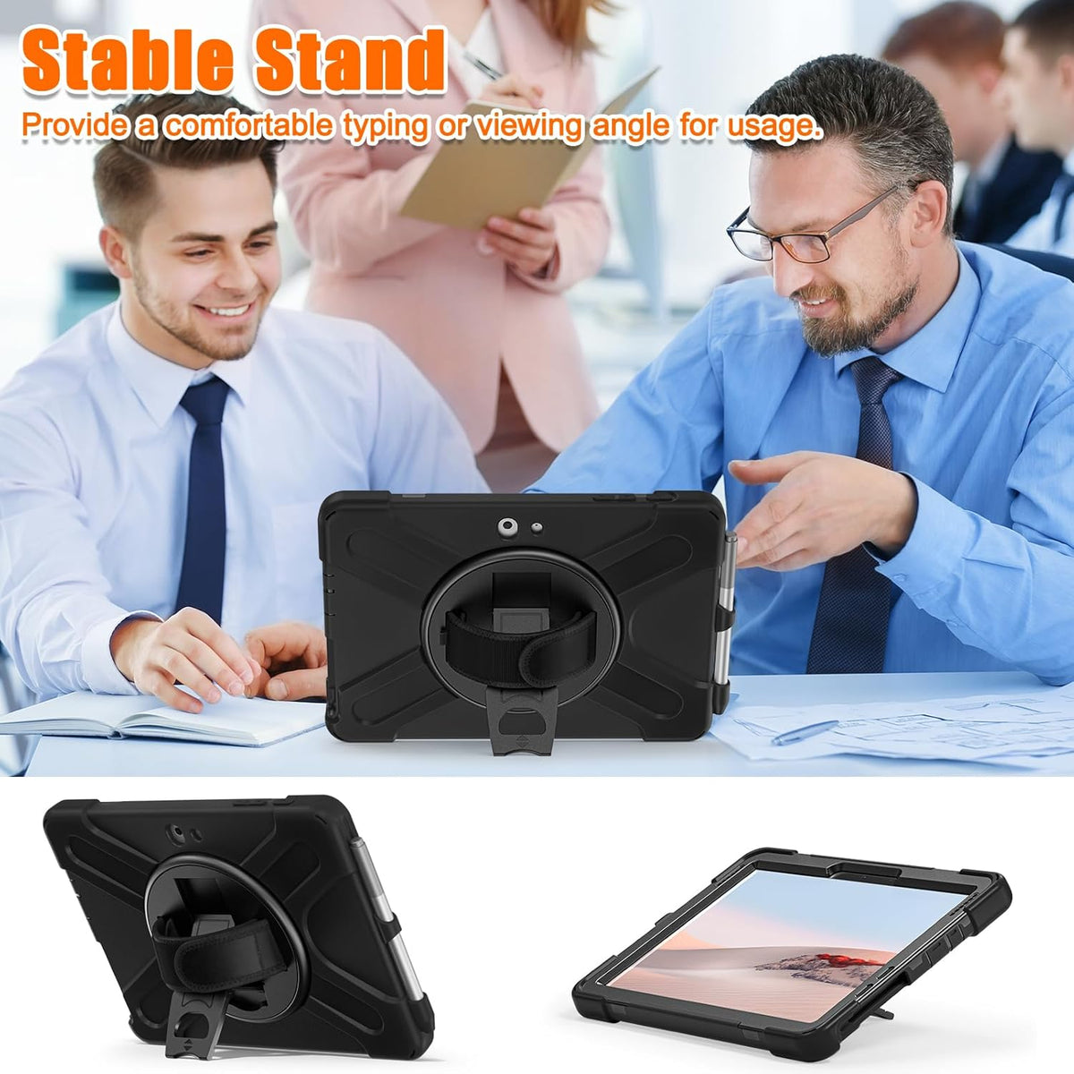 ZenRich Rugged Case for Surface Go 4 (2023)/Surface Go 3 (2021)/ Surface Go 2 (2020), Surface Go (2018) with Pen Holder Heavy Duty Shockproof Case with Stand Hand Strap and Shoulder Belt-Black