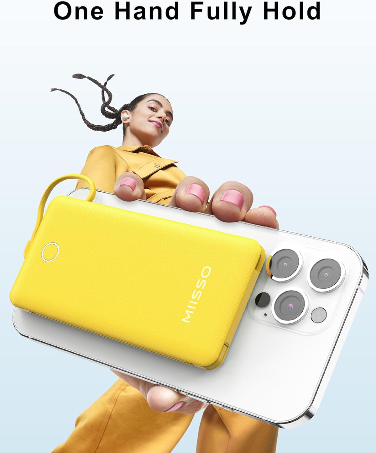 miisso 10000mAh Slim Portable Charger with Built in Cable, Power Bank Travel Charger External Battery Pack for Phone, 4 Output USB Type C Cord Clutch Charger Compatible with iPhone, Yellow