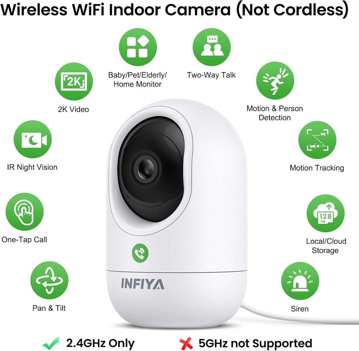 INFIYA 2K Indoor-360 2.4GHz K7 2Pack Security Camera Cameras for Home Security and One-Tap Call