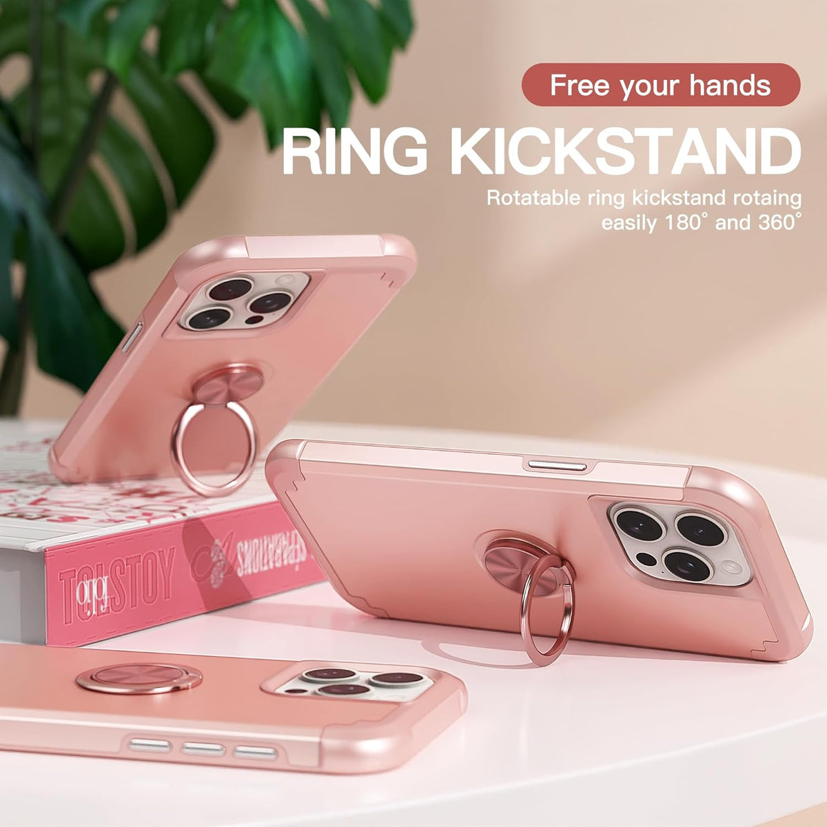 IDweel iPhone 14 Pro Max Case - Rose Gold, 2-in-1 Shockproof, Screen Protector, 360° Ring Holder, Camera Lens Protector.