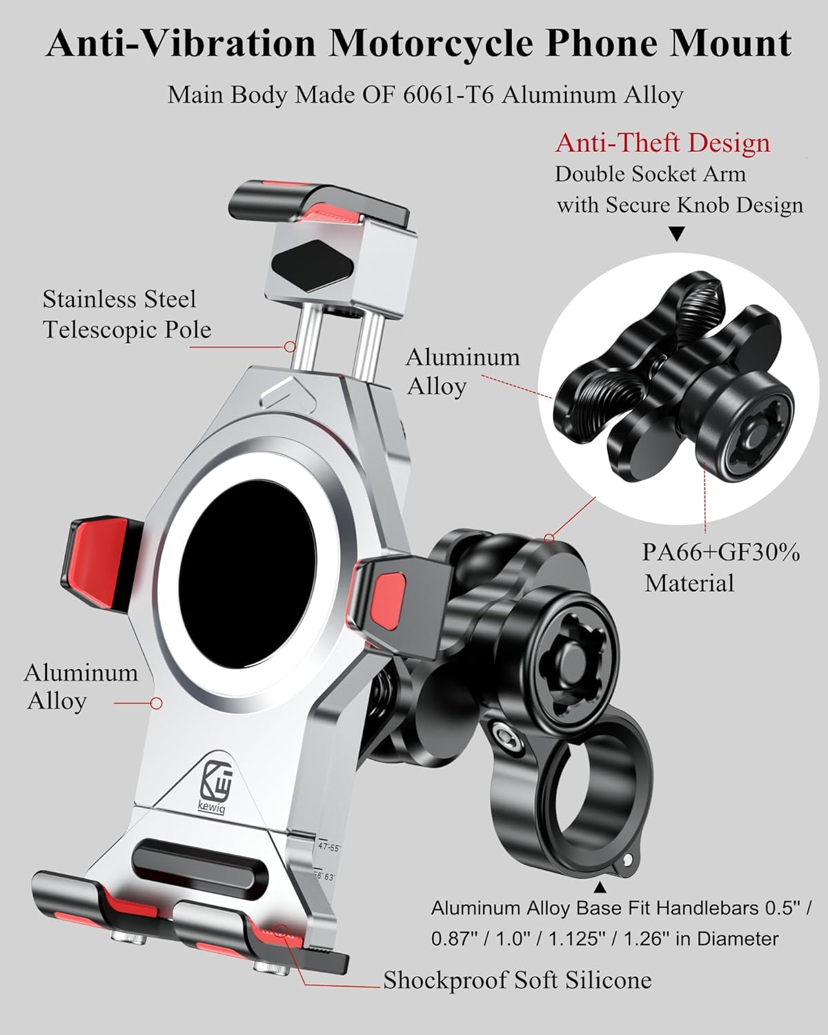BRCOVAN Motorcycle Phone Mount with Vibration Dampener & Secure Lock, Solid Aluminum Alloy, Anti-Theft Handlebar Cellphone Holder, Adjustable for Motorcycle Bike Scooter ATV, Fit 4.7-7.2'' Smartphone