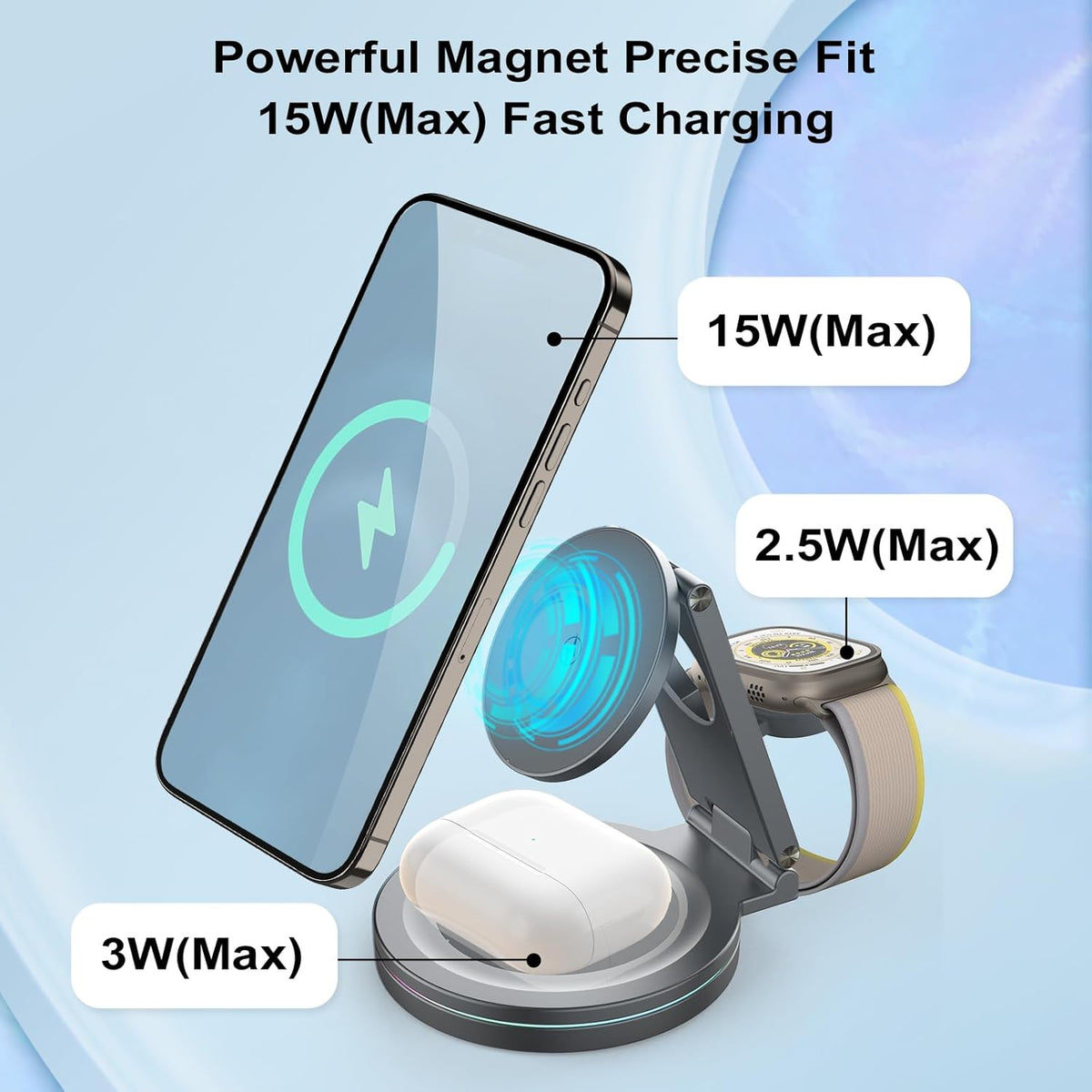 Foldable 360º Rotatable Zinc Alloy 3-in-1 Magnetic Wireless Charger, Charging Station, Charging Stand,15W for iPhone 12-16,5W for Apple Watches,AirPods(Adapter Included) (Black)