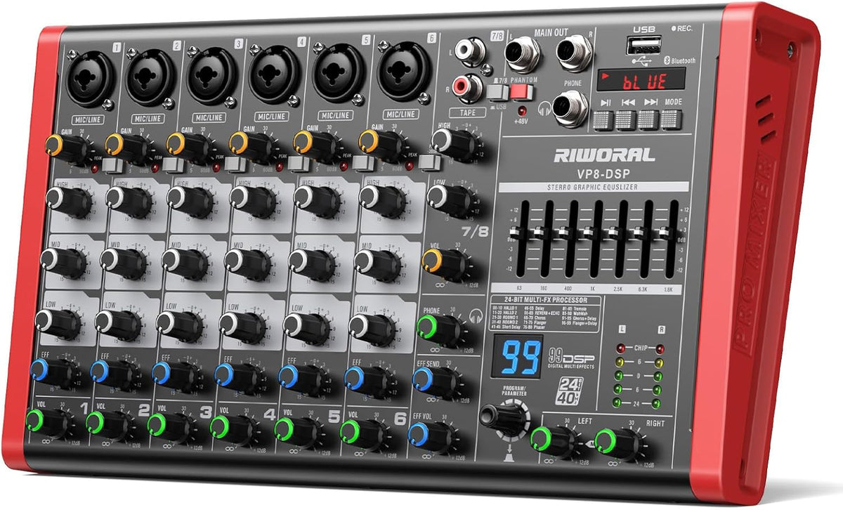 8 Channel Audio Interface Sound Board Mixing Console XLR 1/4 inch Jack USB Bluetooth Echo Delay Effect, Input 48V Phantom Power Stereo DJ Mixers for Podcasting