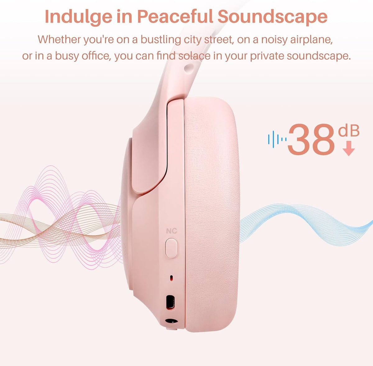 TOZO HT2 Hybrid Active Noise Cancelling Headphones, Wireless Over Ear Bluetooth Headset, 60H Playtime, Hi-Res Audio Custom EQ via App Deep Bass Comfort Fit Ear Cups, for Home Office Travel Pink