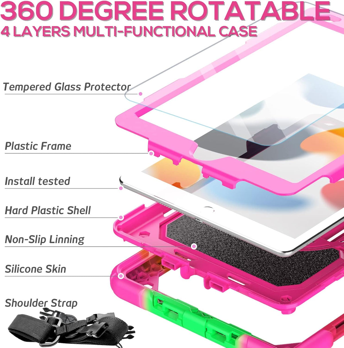 BLOSOMEET Case for iPad 9th/8th/7th Generation 2021/2020/2019 10.2 Inch for Kids Girls with Tempered Glass Screen Protector & Pen Holder| iPad 10.2 Case Cover w/Stand Hand Shoulder Strap |Rose