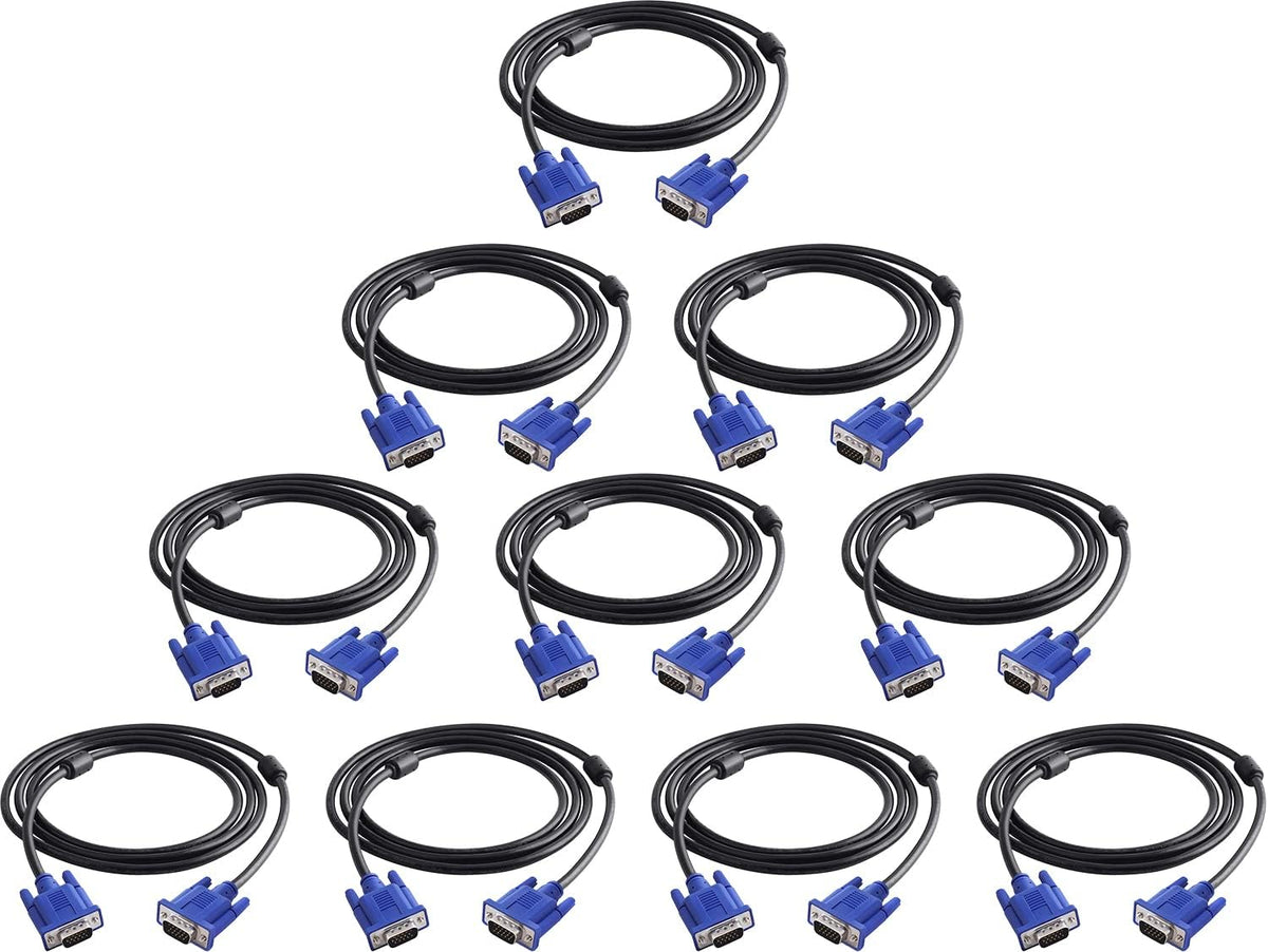 VGA to VGA Monitor Cable 15 Pin Male to Male Computer Cord Support 1080P Full HD for Laptop TV Projector - 6 Feet(10 Pack)