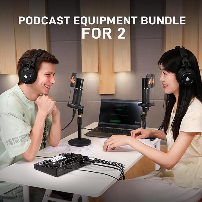 MAONO Podcast Equipment Bundle for 2: Audio Interface Mixer with 2 XLR Condenser Mic Noise Reduction Podcast Streaming MaonoCaster E2 Gen2B