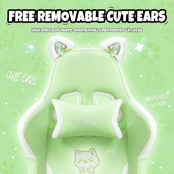Gaming Chair Cute with Cat Ears Paw Lumbar and CushionErgonomic Computer Chair with FootrestReclining PC Game Chair for Girl Computer Chair 300lbs for Adult (Green)