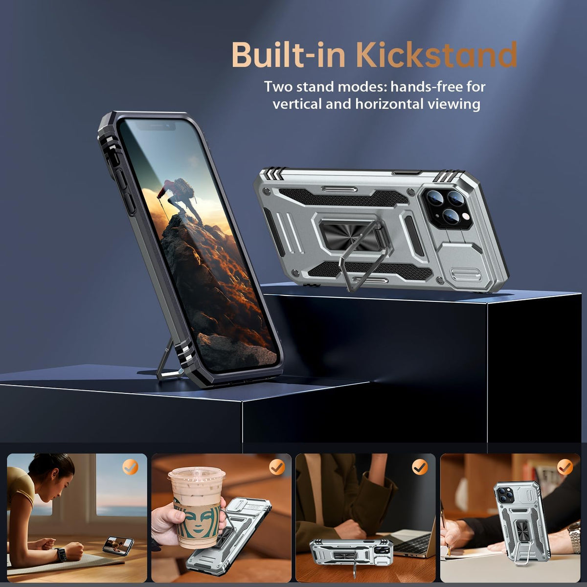MERRO for iPhone 11 Pro Max Case, Military-Grade Heavy Duty Phone Cover with Screen Protector and Magnetic Stand (Grey)