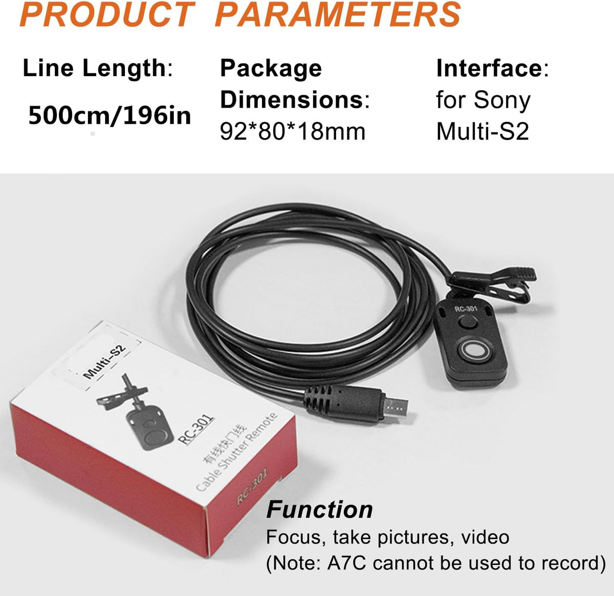 Small Release Shutter Remote Control Cable RC-301 S2 for Sony Support Video Camera Cable a7m4 a7r4 a7r2 r3 m2 a9 a1 a6600 a6500 (500cm/196in)