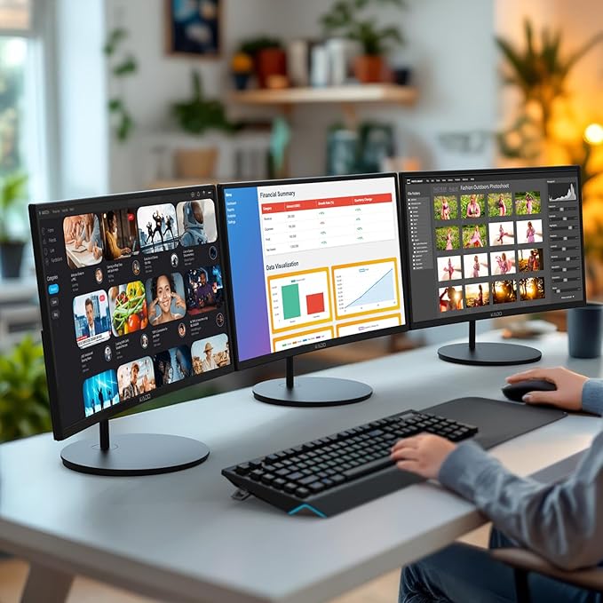 Kado Triple Monitor Setup - 3-Pack 27 1920x1080 Curved Computer Monitor 1500R 75Hz VESA Mount HDMI Office Gaming Hybrid Sim Racing Built-in Speakers (C27 Trio Series)