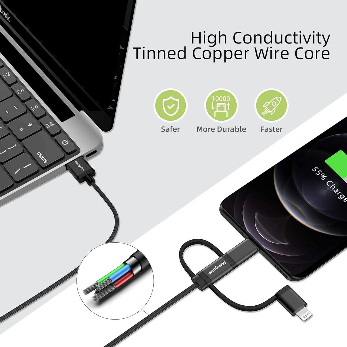 Mangotek 3-in-1 Charging Cable, Apple MFi Certified Adapter with USB A to Lightning/Type C/Micro USB Connectors