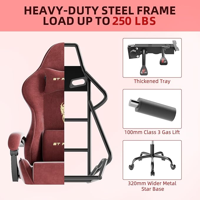 Ferghana Velvet Fabric Gaming Chair Ergonomic Gamer Chair for Adult Comfortable Video Game Chair with Footrest and Massage Lumbar Cushion Racing Reclining Office Home Computer Desk Chair Red