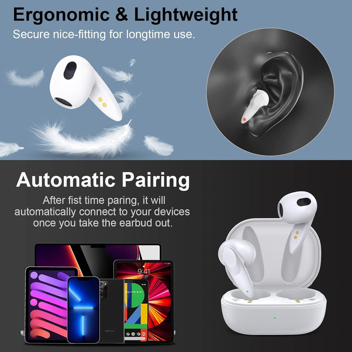 Wireless Earbuds, Bluetooth Headset Mini in-Ear Headphone, Noise Canceling Deep Bass Earphone for iPhone 15/13 Pro Max,