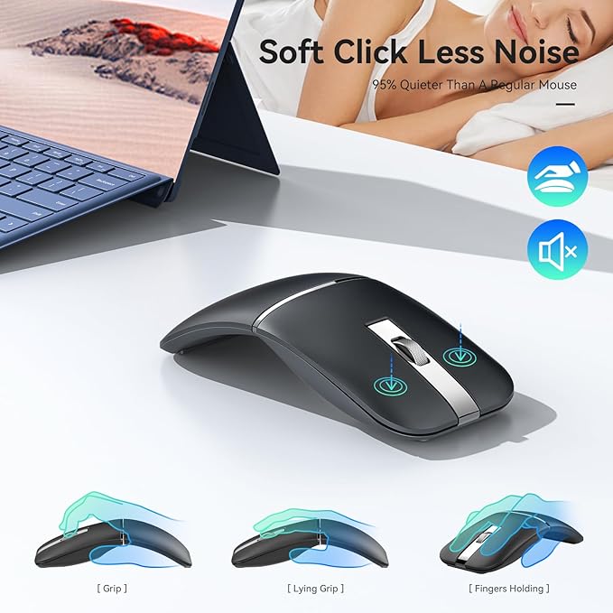 Wireless Mouse Bendable –Rotating Design Dual Mode (BT+ 2.4GHz) arc Rechargeable Travel Wireless Mouse for Microsoft Laptop PC Tablet Graphite Black