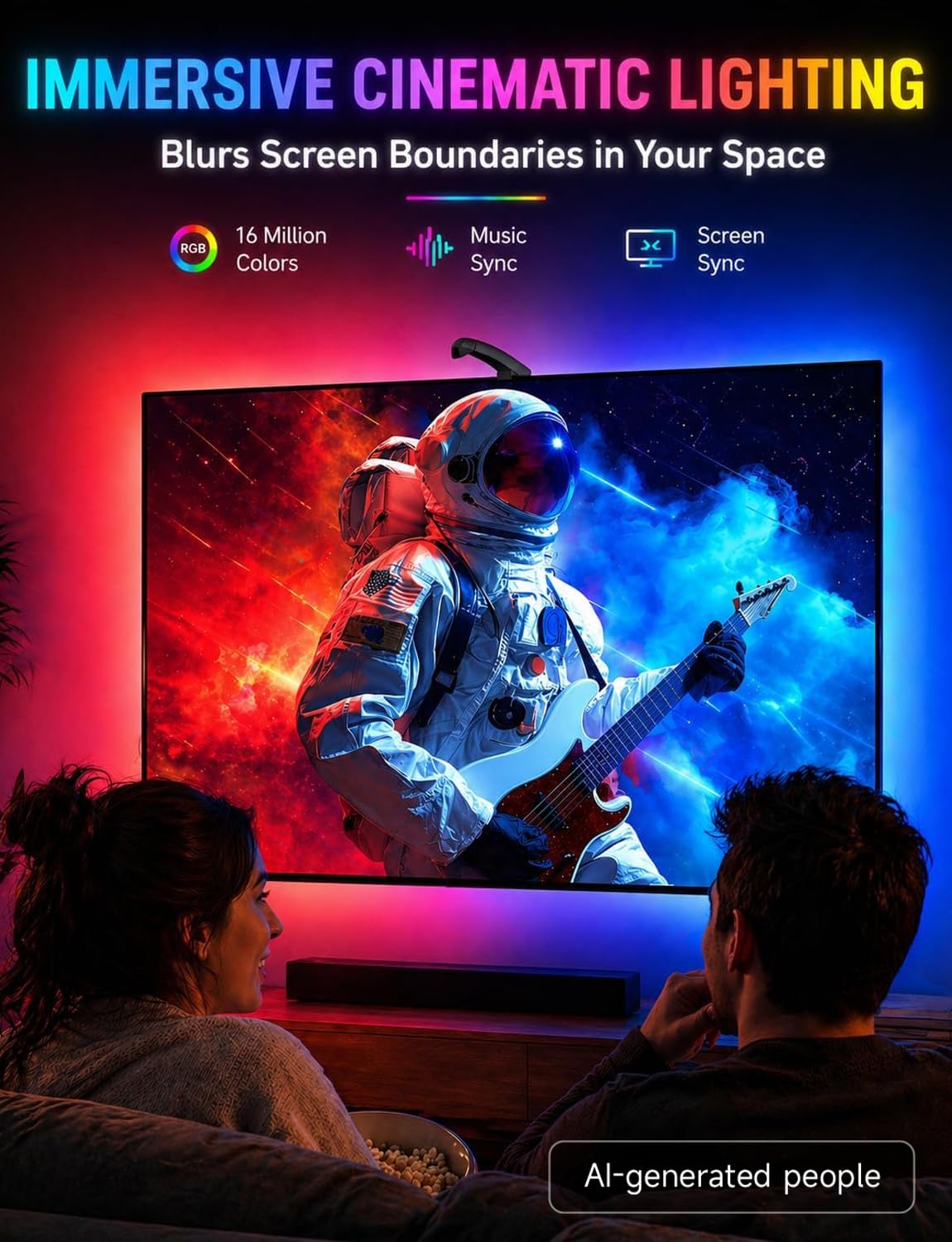 QTU TV LED Backlight with Sensor, LED Sync Lights for TV 55-65 Inch, Smart Camera Sync to Screen, Ambient RGB Strip Lights for Gaming & Home Theater