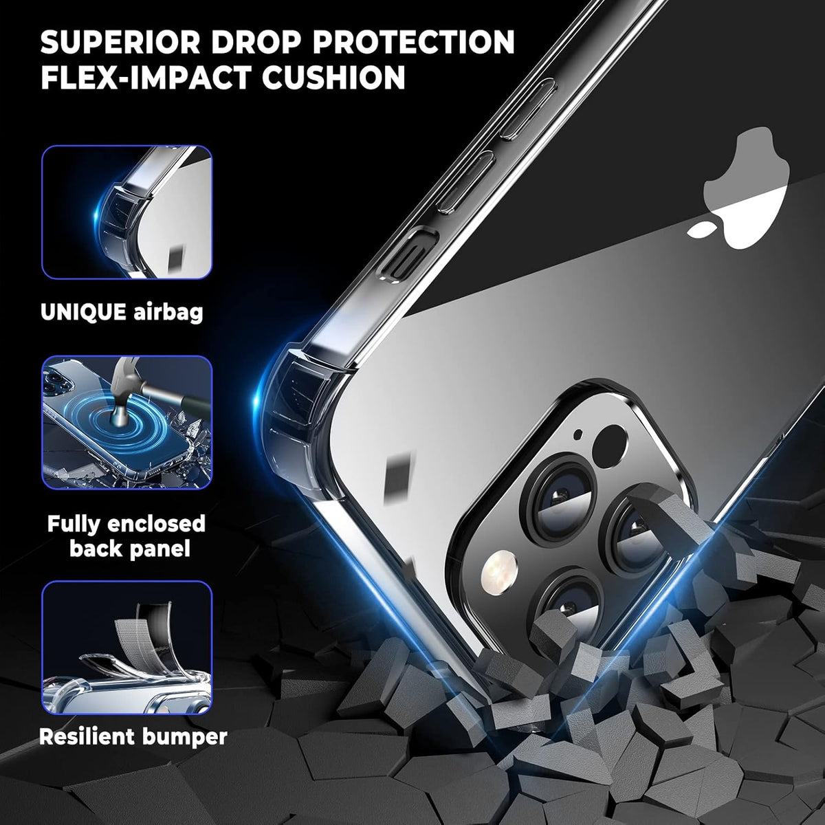 ORIbox iPhone 12 Pro Max Case, Black Crystal Design, Heavy Duty Protection, Clear Camera Protector for All