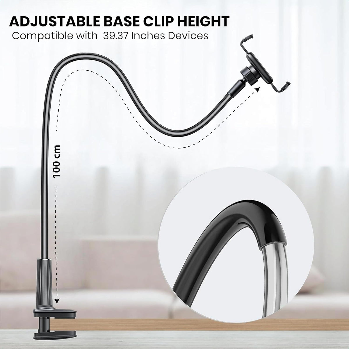Adjustable 39in Phone & Tablet Holder – 360° Rotating Flexible Arm Mount for Bed & Desk, Universal Clamp Stand for Mobile Phones, Kindle, Galaxy Tabs, Fire Tablets, 4.7"–11" Devices