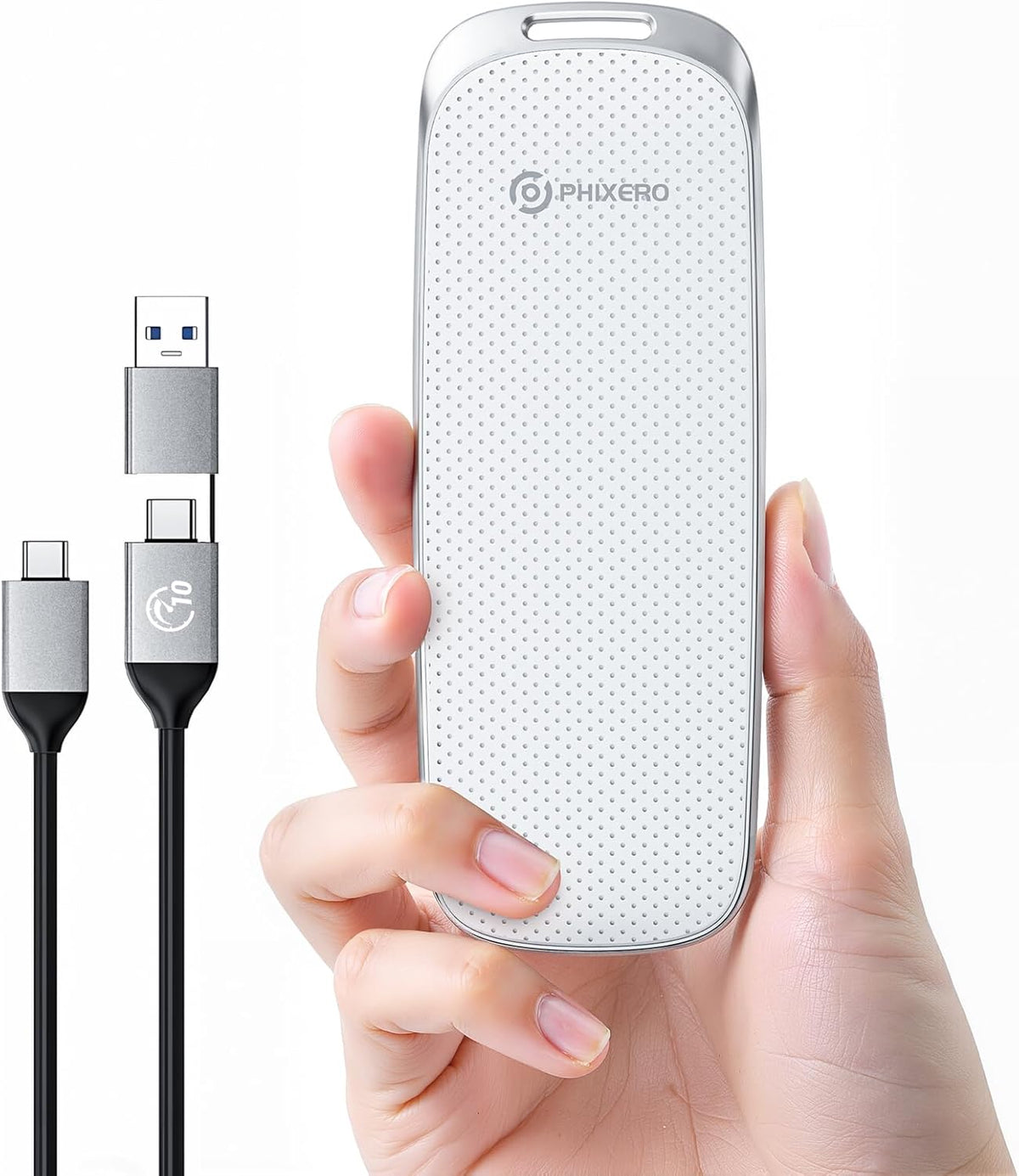 PHIXERO P10PRO External NVMe SSD 256GB, Up to 1050MB/s, USB 3.2 Gen2, Includes 2-in-1 USB C Cable, Portable Hard Drive for iPhone 15+/Android/Windows/Mac, White