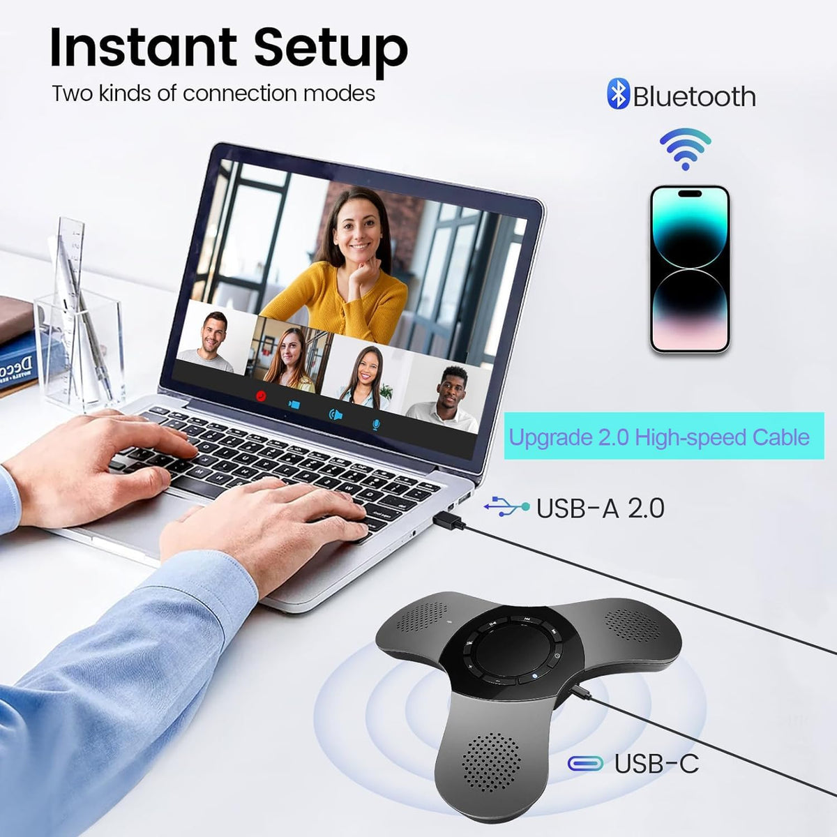 Conference Speaker with Microphone 360°Voice Pickup USB-C Speakerphone Home Office Compatible Skype/Teams/Zoom Noise Cancelling Omnidirectional Meeting Room Bluetooth Speaker with Mic for 10 People