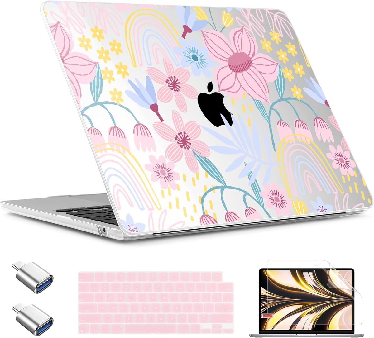 TWOLSKOO Compatible with M4 MacBook Air 15 inch Case 2025-2023 Released Model M4 A3241 M3 A3114 M2 A2941, Plastic Hard Shell & Screen Protector & Keyboard Cover & Type C Adapter, Floral Spring