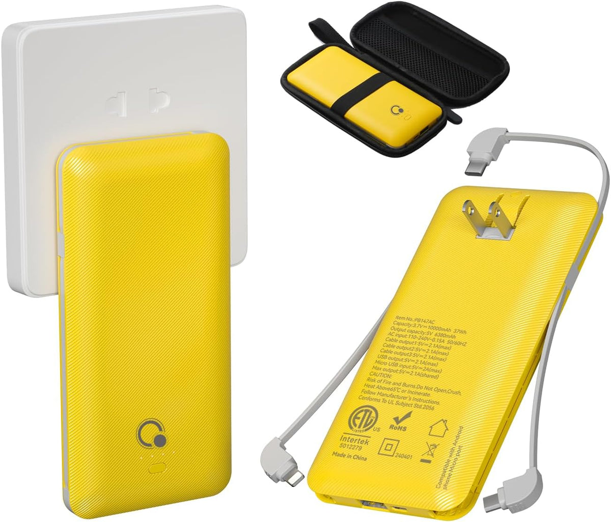 Q 10000mAh Power Bank, Slim Portable Charger,4 Output External Battery Pack with Built-in AC Wall Plug Micro USB C 3 Cables Compatible with iPhone Samsung Android Phone Tablet and More
