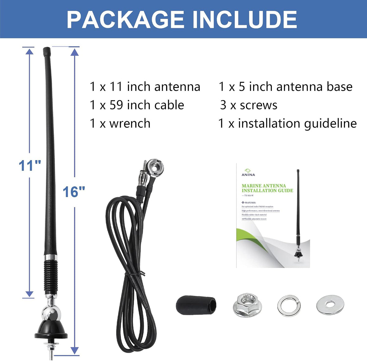 Anina 16 Inch Marine Radio Antenna for Pickup Truck Boat ATV UTV RV Motorcycle Tractor Top/Side Mount Rubber Duck