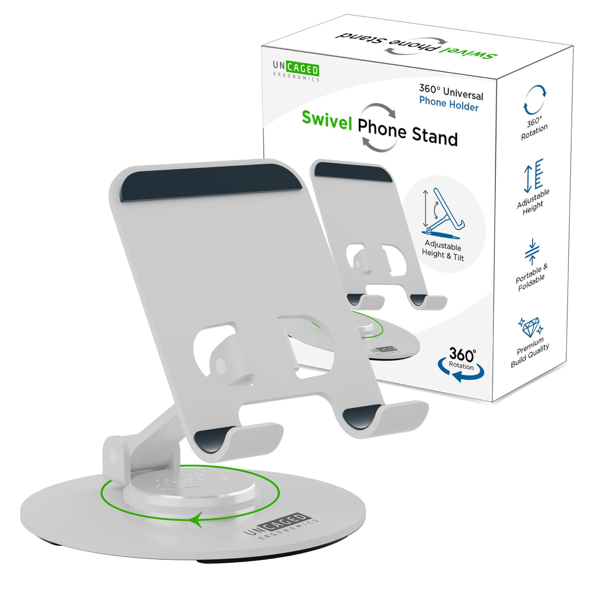 Uncaged Ergonomics 360 Swivel Rotating Adjustable Phone Stand For Desk, Portable & Foldable Cell Phone Stand For Desk, Compact M