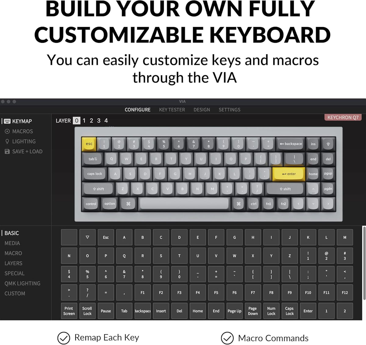 Keychron Q7 Wired Custom Mechanical Keyboard, 70% Layout QMK/VIA Programmable Macro with Hot-swappable Gateron G Pro Blue Switch Double Gasket Compatible with Mac Windows Linux (Grey)