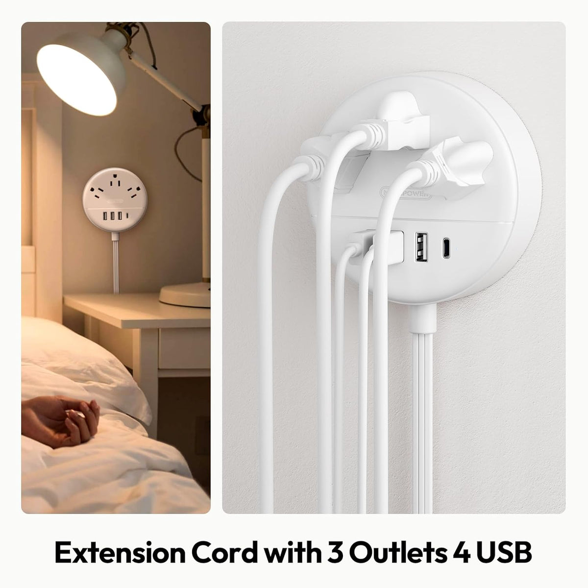 Flat Plug Power Strip with USB Ports, NTONPOWER Nightstand Charging Station, 5ft Short Extension Cord, White