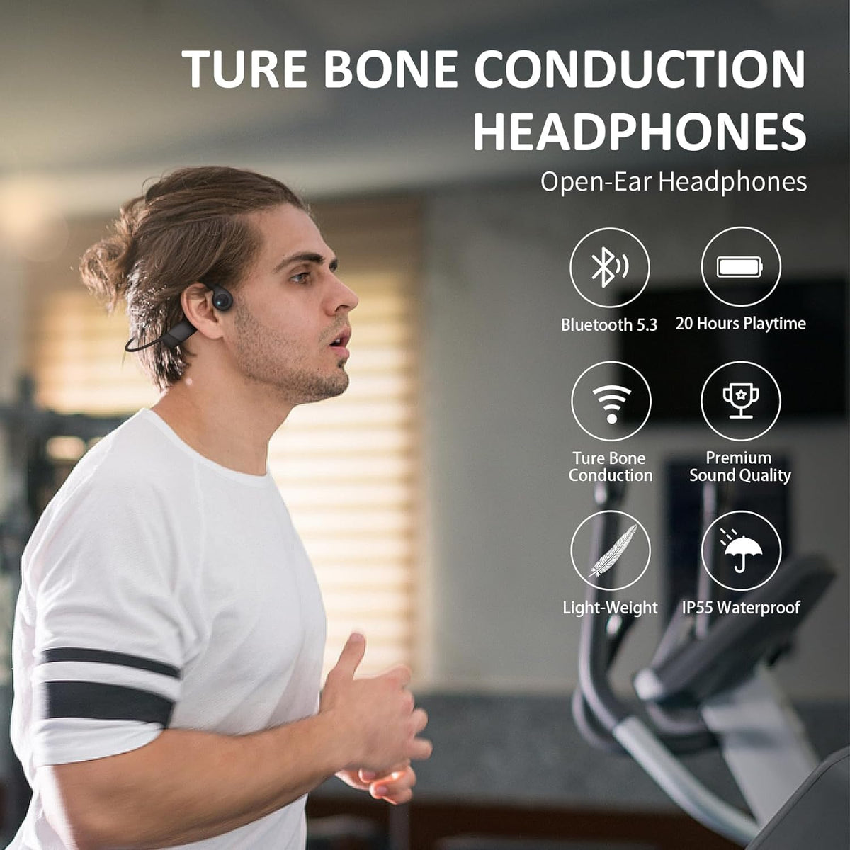 Bone Conduction Headphones - Open-Ear Wireless Bluetooth 5.3 Workout Headphones with Microphones, 20H Playtime