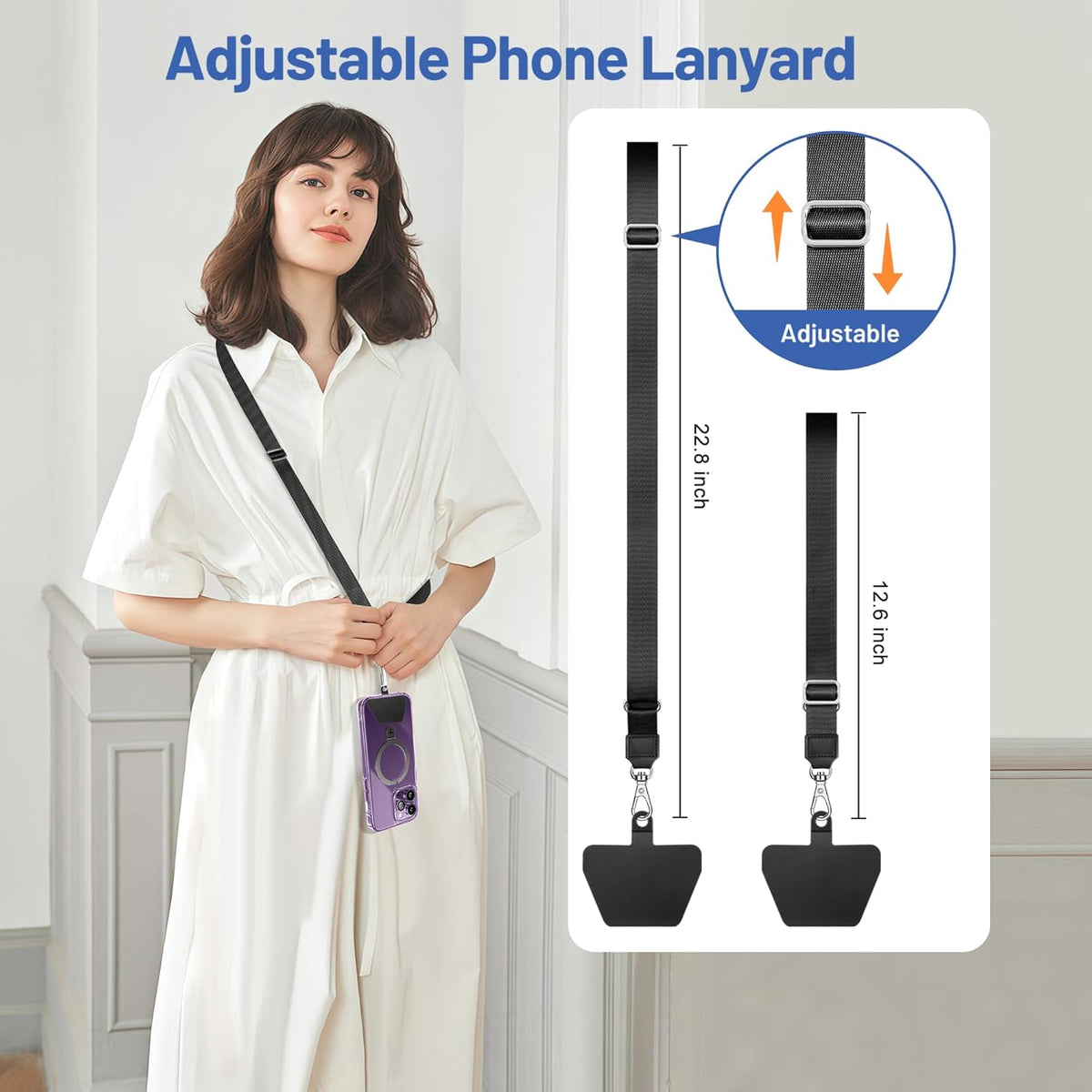 Doormoon Phone Lanyard, Adjustable Neck Strap with 4 TPU Patch for Phone Case Keys ID Badges Universal Cell Phone Lanyard Compatible with iPhone, Samsung, Most Smartphones, 2 Pack, Black Black