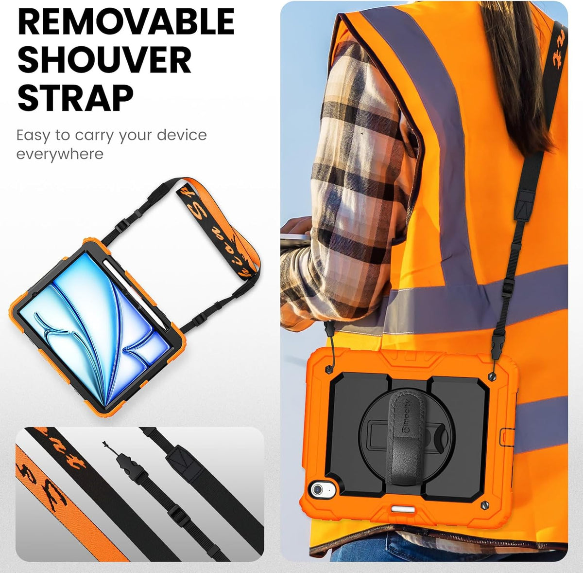timecity Case for iPad Air 11 Inch M3/ M2 (2025/2024), 360° Rotating Stand, Pencil Holder & Wireless Charging, Shockproof with Screen Protector & Shoulder Strap - for Designers, Orange