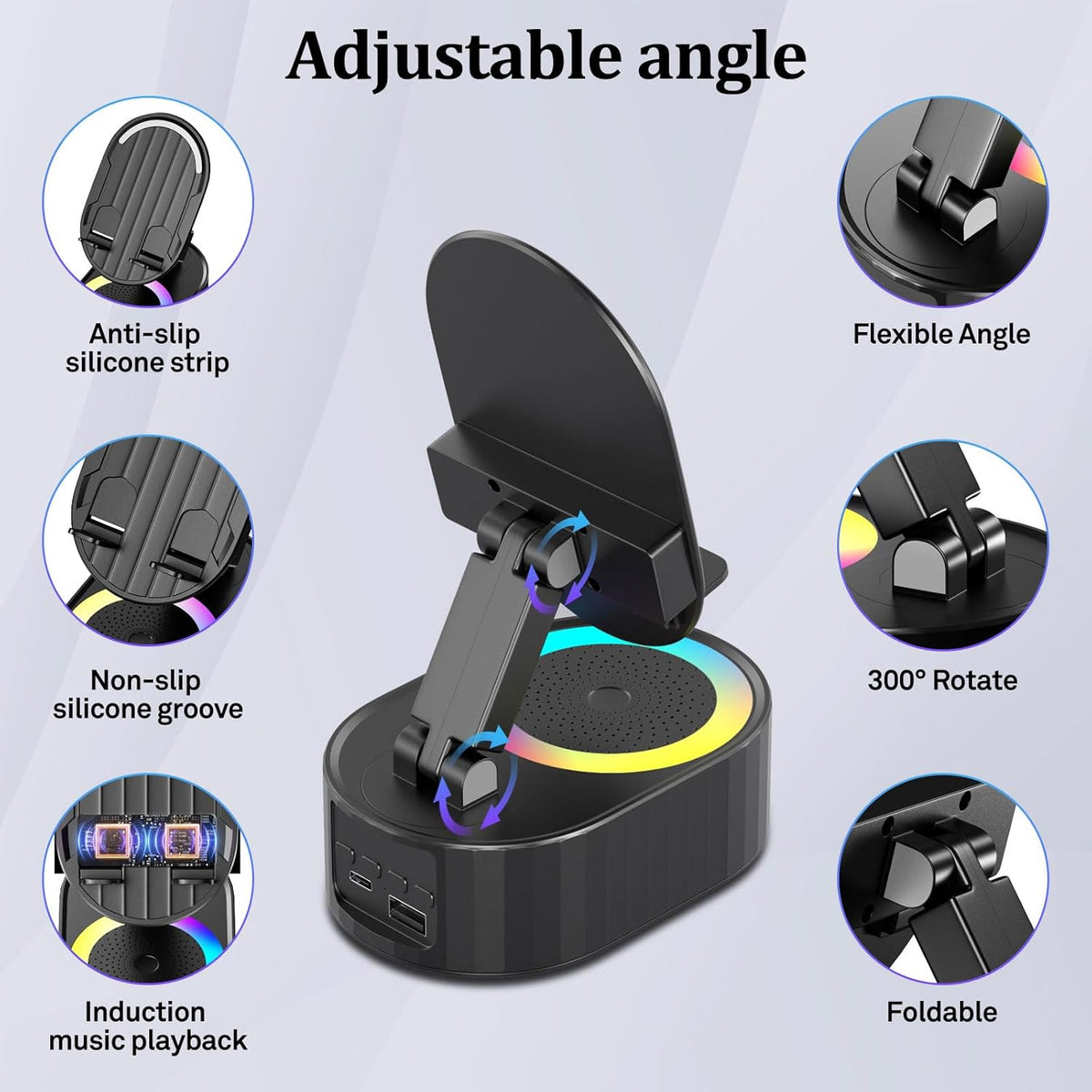 Wireless Induction Audio Bluetooth Speaker 5in1 Phone Holder Emergency Rechargeable (3000mAh) with Colorful Ambient Light 300° Foldable for Tablet iPhone Android, Gifts for Men Women (Black)