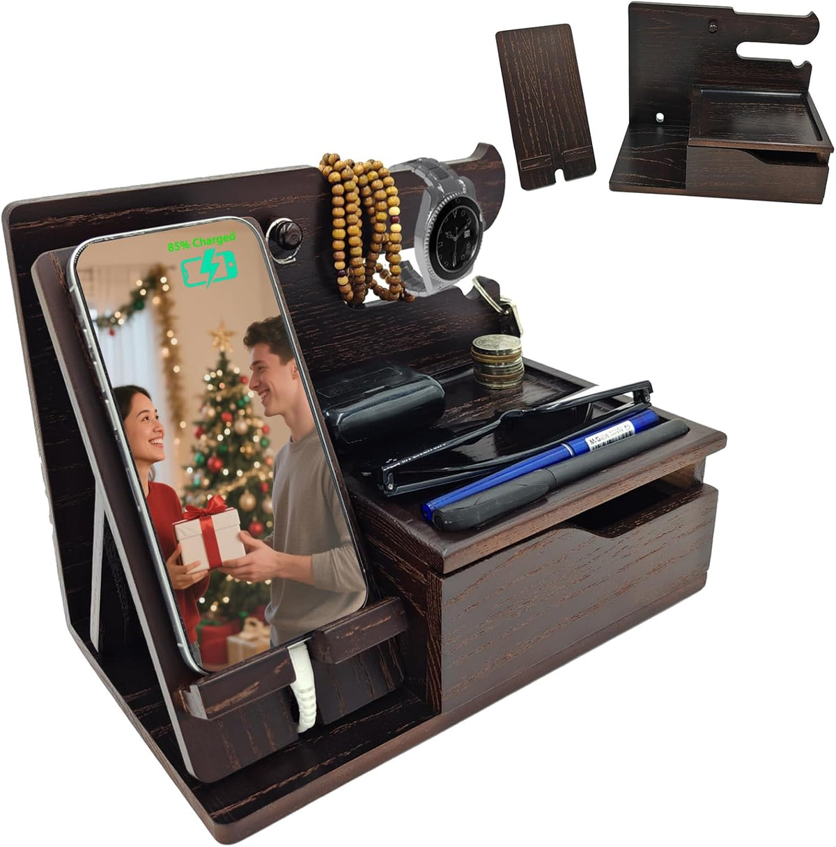 3-in-1 Wood Phone Docking Station Organizer with Drawer & Hidden Charging Hole for Phone, Keys, Glasses & Accessories, for Men (Brown, 01)