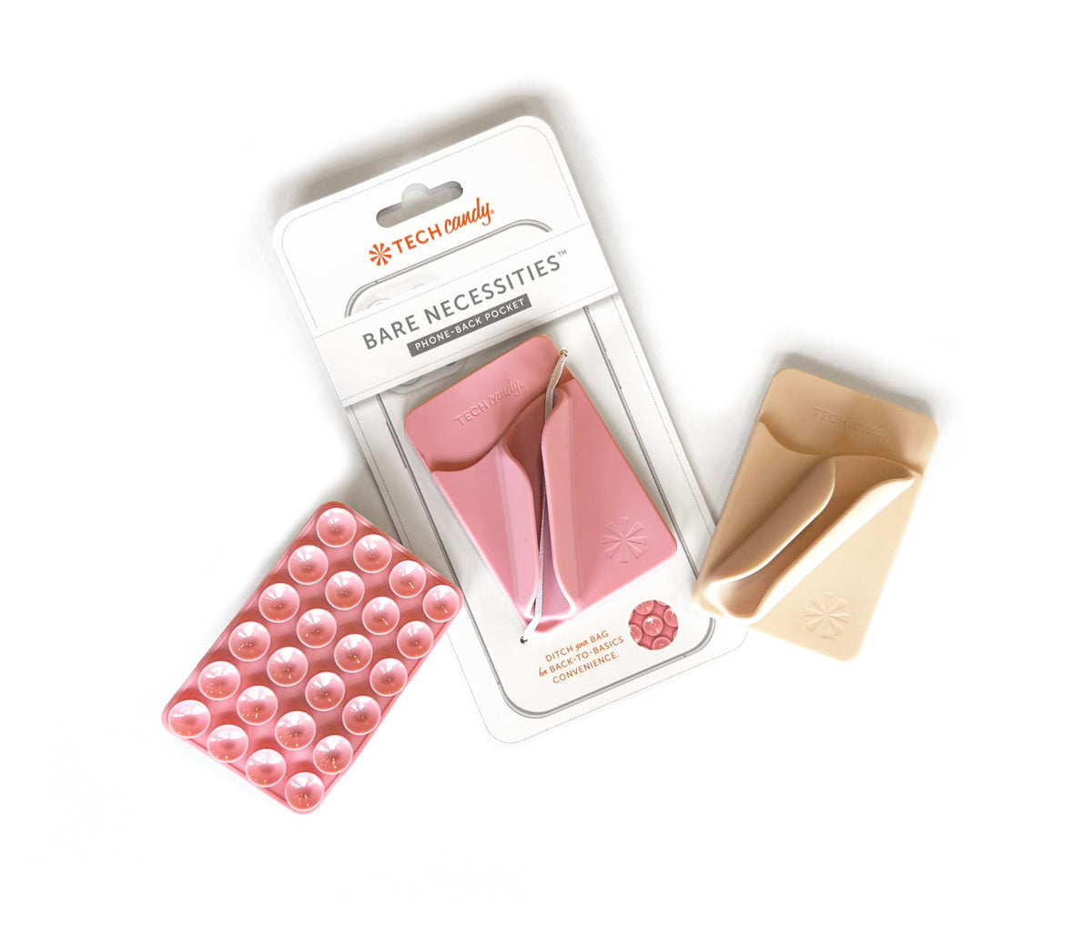 Tech Candy Bare Necessities Phone Back Pocket, Natural - Universal, Suction Cups - Holds Money, Credit Cards, Lip Gloss, & More - No Residue