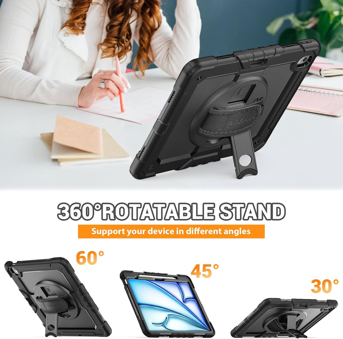 SEYMAC for iPad Air 13 Inch Case M3 2025/ M2 2024, Heavy Duty Shockproof Protective Case with Screen Protector, 360° Rotating Stand, Hand/Shoulder Strap and Pen Holder for iPad Air 13, Black