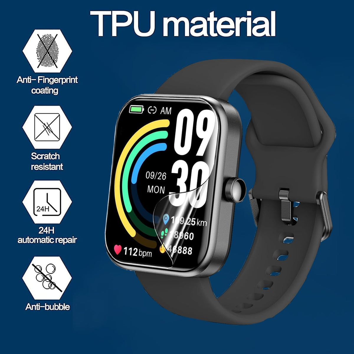 Compatible 3Plus Vibe Lite BT Screen Protector, [6 Pack] Full Coverage TPU Clear Film for 1.96" Smartwatch