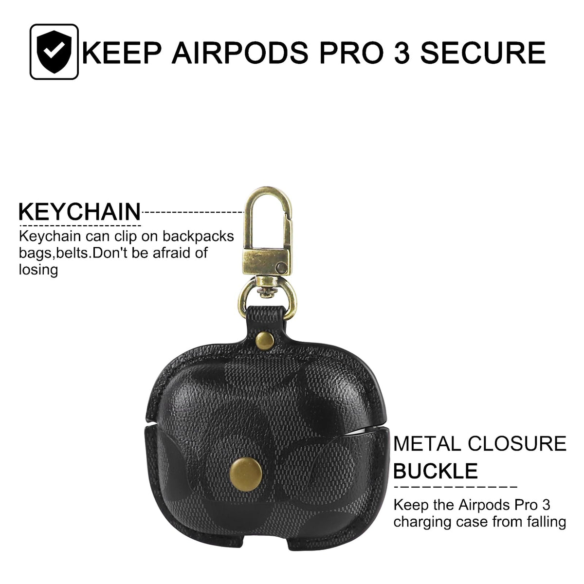 Leather Case for AirPods Pro 3, Shockproof Cover with Keychain, Black