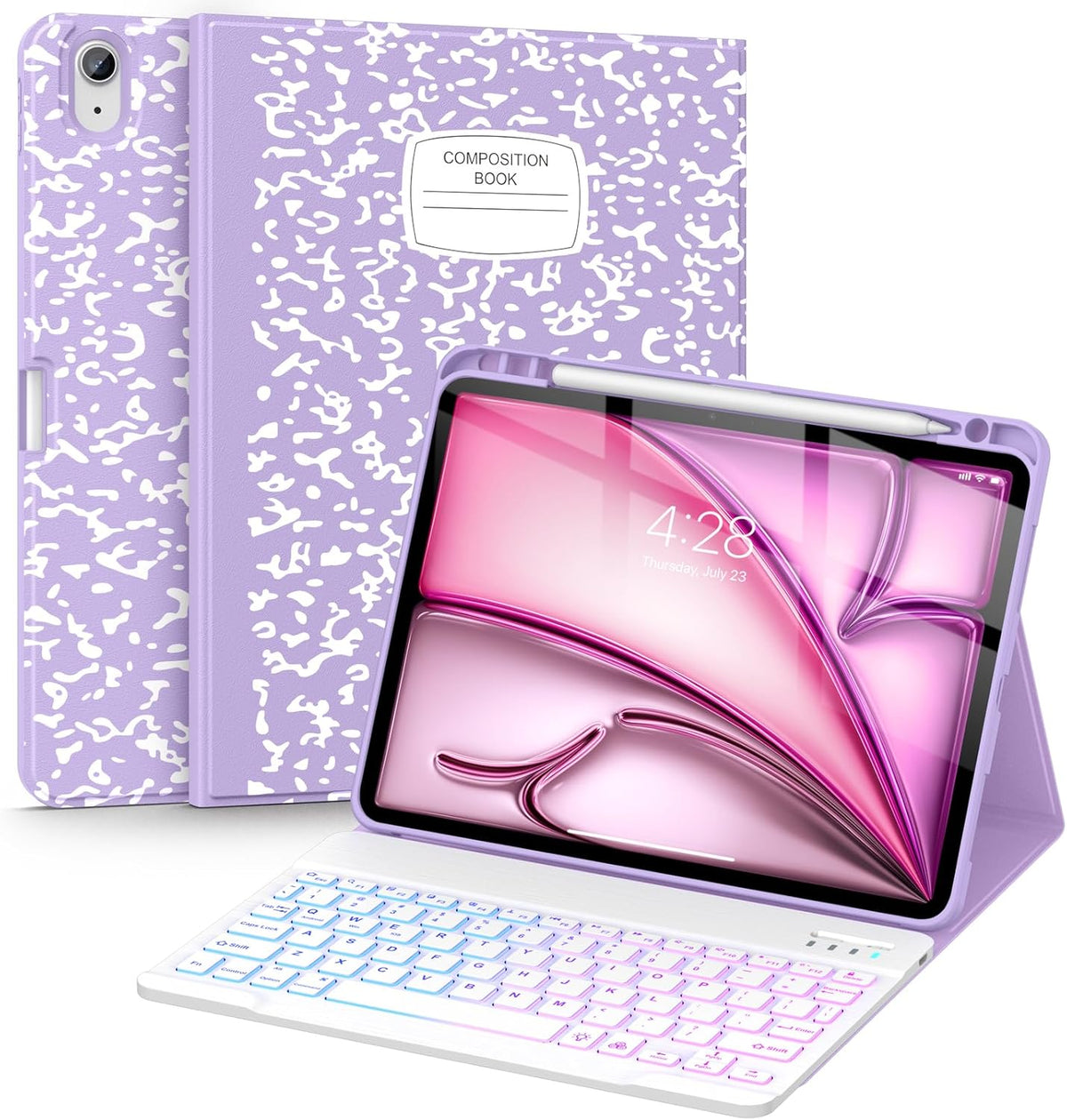 Supveco Keyboard Case for iPad Air 11 Inch (M3 2025,M2 2024),iPad Air 5th/4th Generation with Pencil Holder-7 Colors Backlit Wireless Detachable Folio Keyboard Cover with Soft TPU Back-Lilac